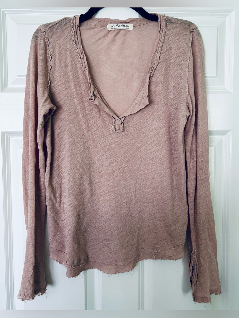 We The Free Hazy Days Mauve Split Neck Distressed Long Sleeve Top